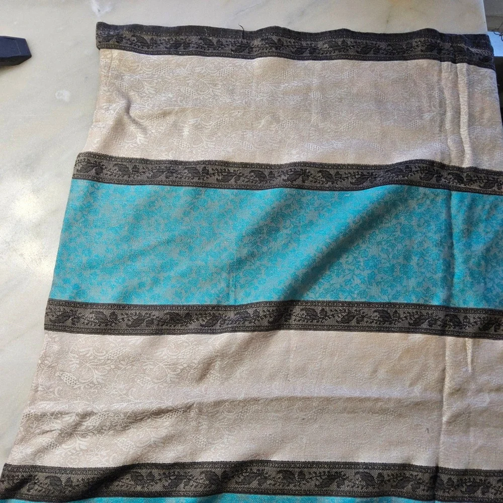 Striped Scarf‎ Wrap Shawl with Tassels - Beige, Blue, Black Accent